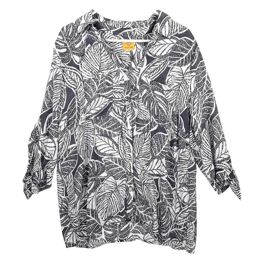 White Gray Tropical Leaf Print Button Up Tunic Yacht Rock Beach Resort Vacation